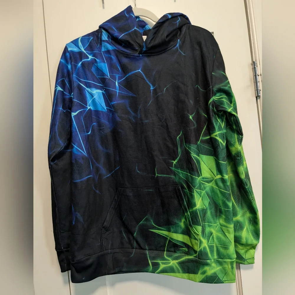 Blue, Green and Black Hooded Sweatshirt - front pocket Kids Sz 14-16